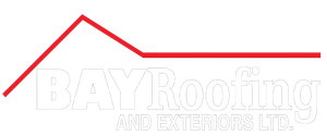 Logo for Bay Roofing, featuring a red roof outline above the text "BAY Roofing".