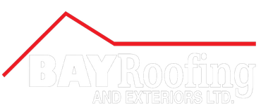 Logo for Bay Roofing, featuring a red roof outline above the text "BAY Roofing".