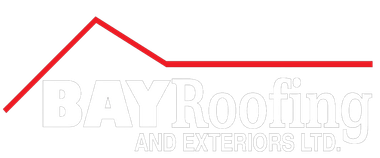 Logo for Bay Roofing, featuring a red roof outline above the text "BAY Roofing".