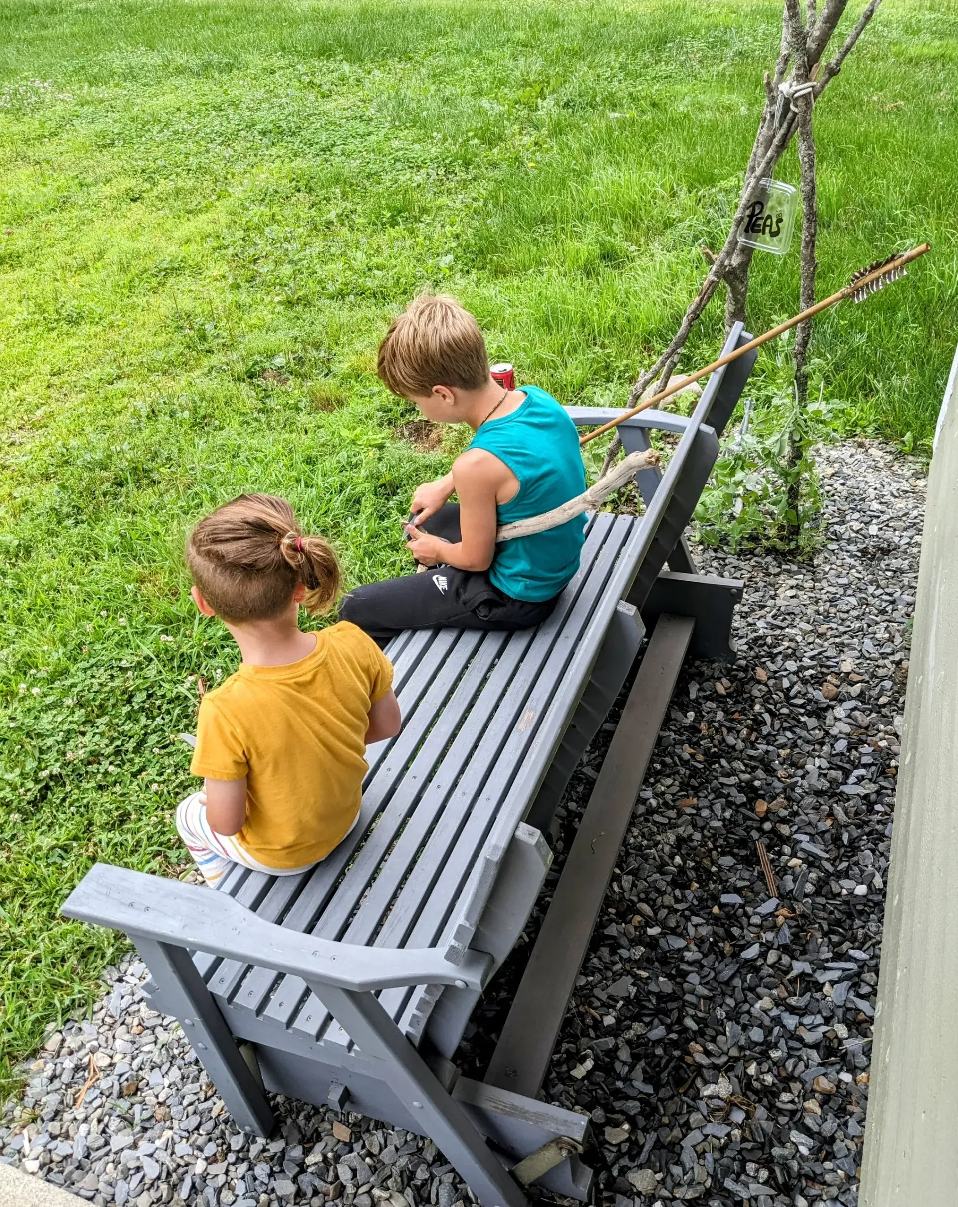 Two children are sitting on a swing in the grass.