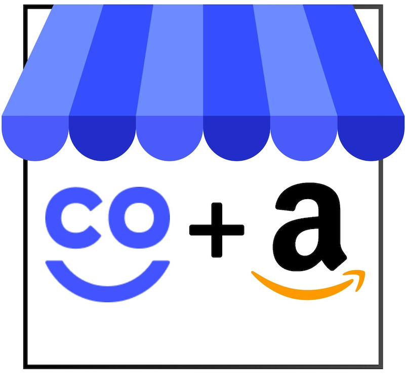 A blue-and-white store awning above a 