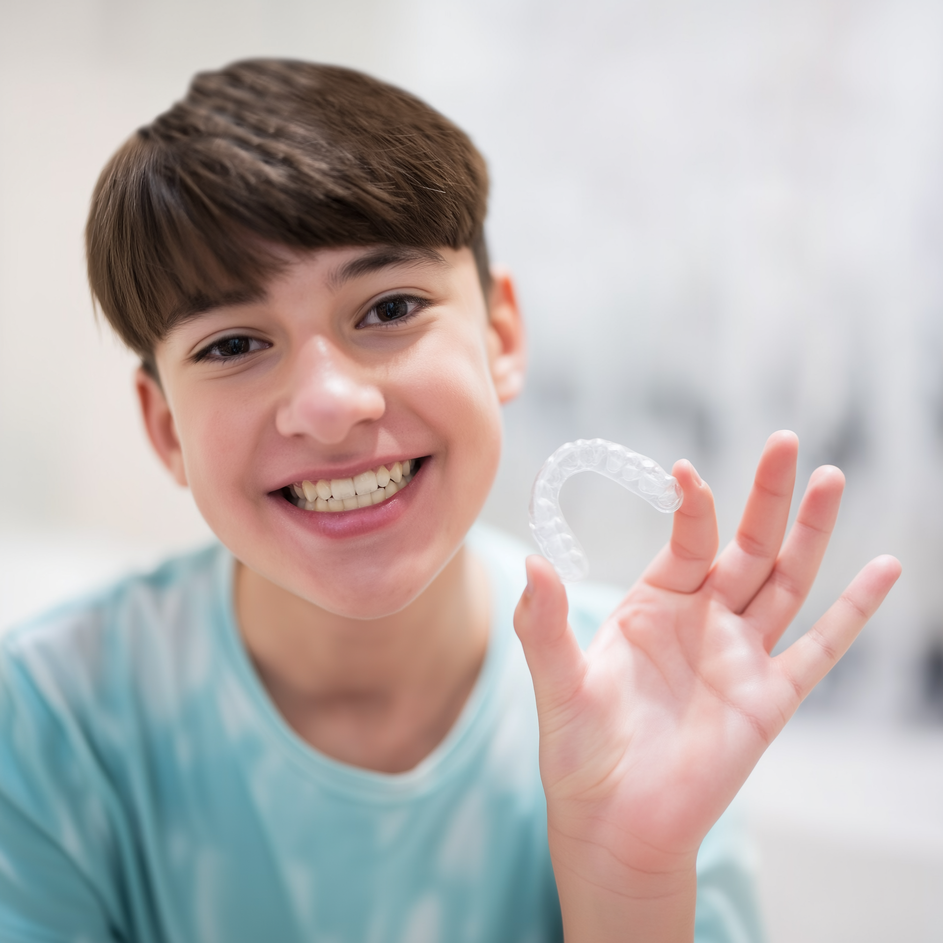 A smiling person in a blue shirt holds a clear dental aligner tray up to the camera.