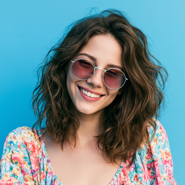 Smiling person with wavy hair and sunglasses against a bright blue background, wearing a floral top