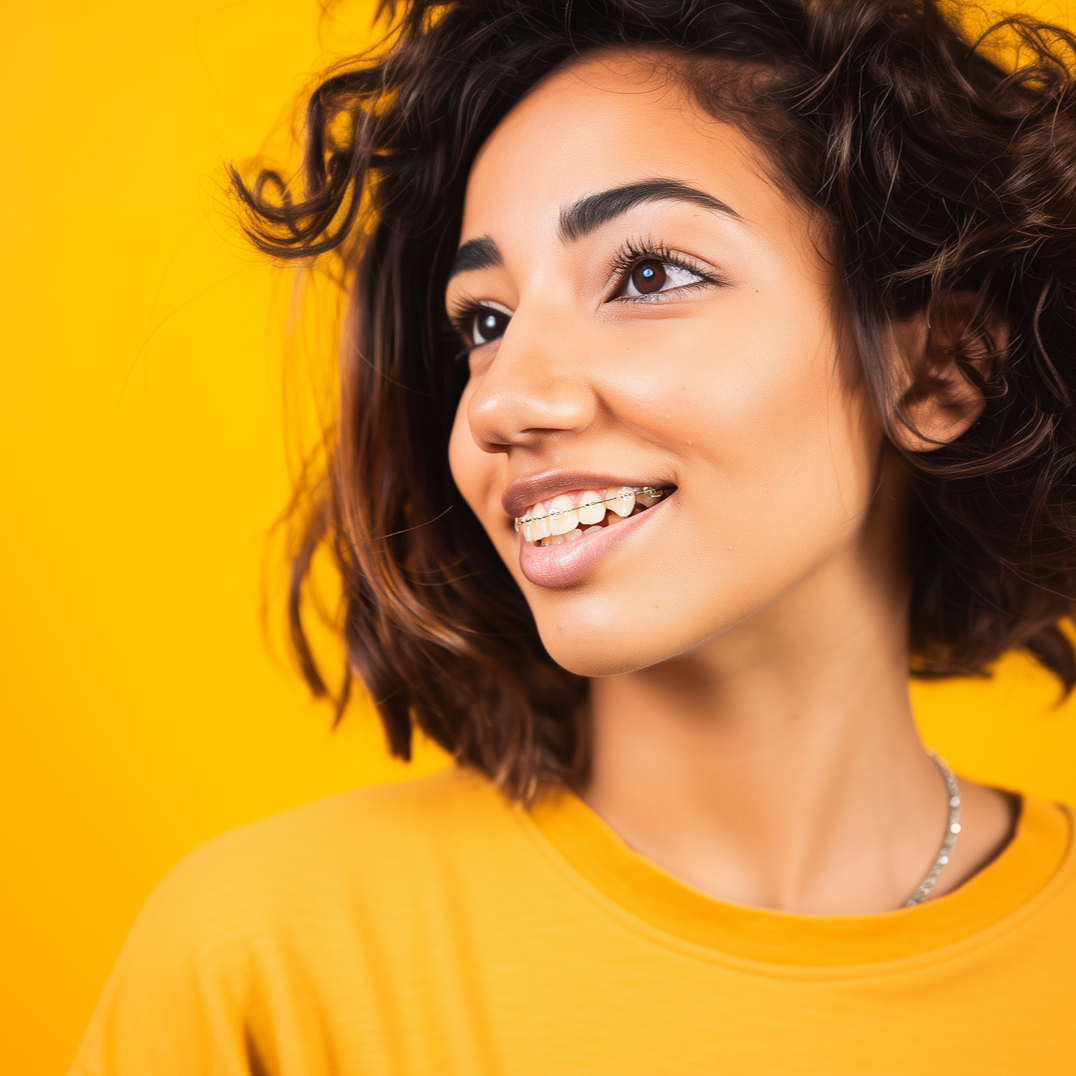 Young person smiling, wearing braces, yellow shirt, against a bright yellow background.