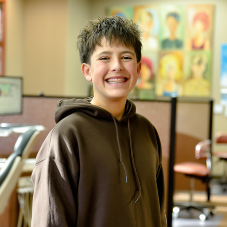 Boy with braces smiles broadly, wearing a brown hoodie, in an orthodontist office.