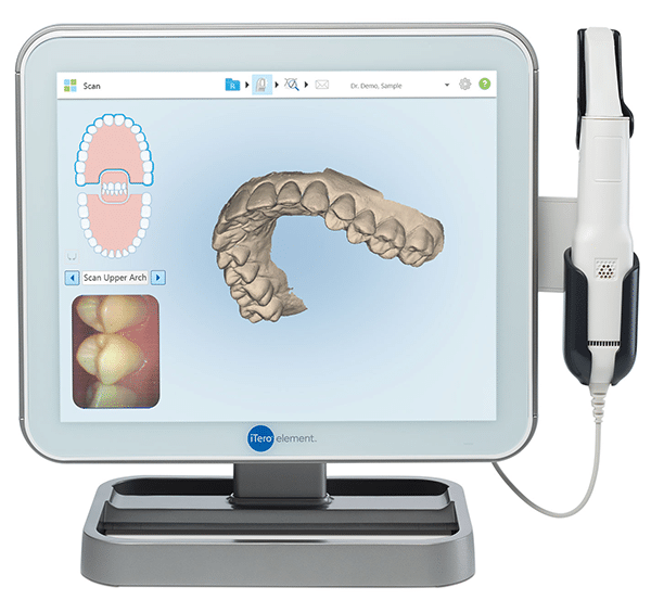 Dental intraoral scanner displaying a 3D dental arch, camera and teeth scan.