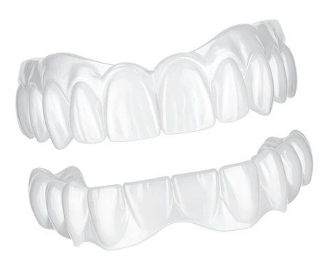 Two clear plastic teeth aligner trays for the top and bottom arches of a dental set.