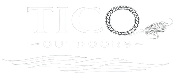 Logo for Tico Outdoors in white text, featuring a rope-style letter O and a fly-fishing lure graphic over water waves.