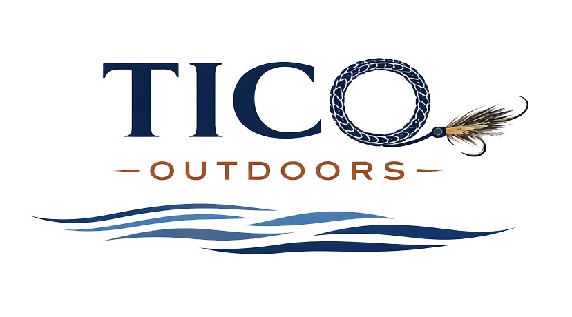 TICO Outdoors logo with blue text, fishing lure, and stylized blue waves