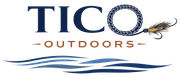 Tico Outdoors logo with blue text, tan accents, fly-fishing lure, and wave lines