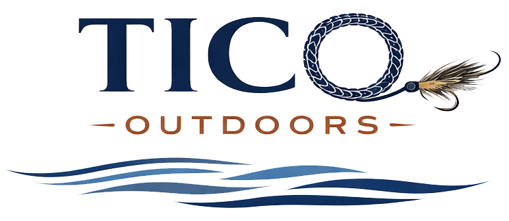 Tico Outdoors logo with blue text, tan accents, fly-fishing lure, and wave lines