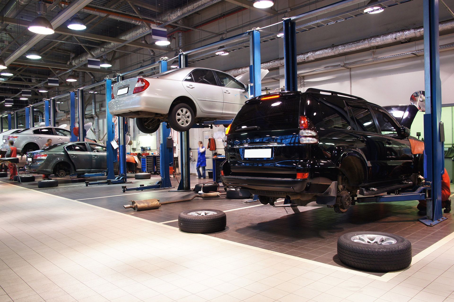 Several vehicles are elevated on hydraulic lifts for maintenance inside a brightly lit, professional auto repair shop.