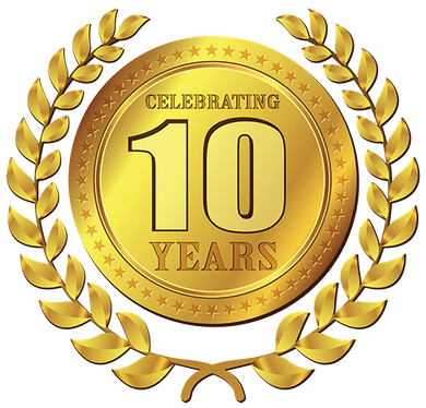 Golden emblem with laurel wreath, celebrating 10 years. Golden emblem: