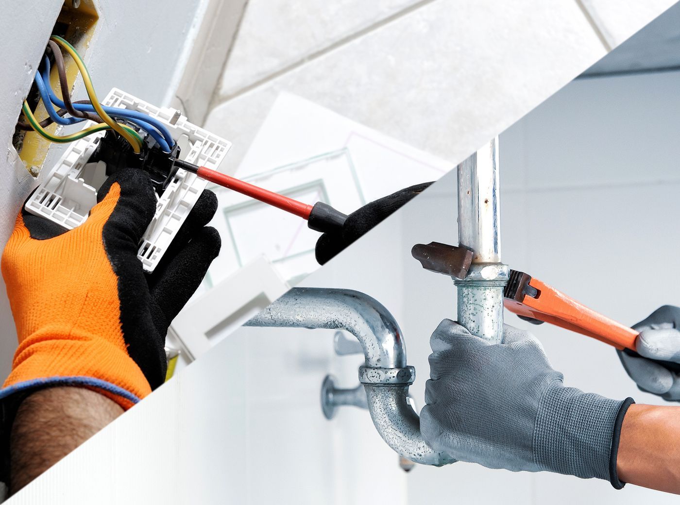 A plumber is fixing a pipe and an electrician is fixing a light switch.