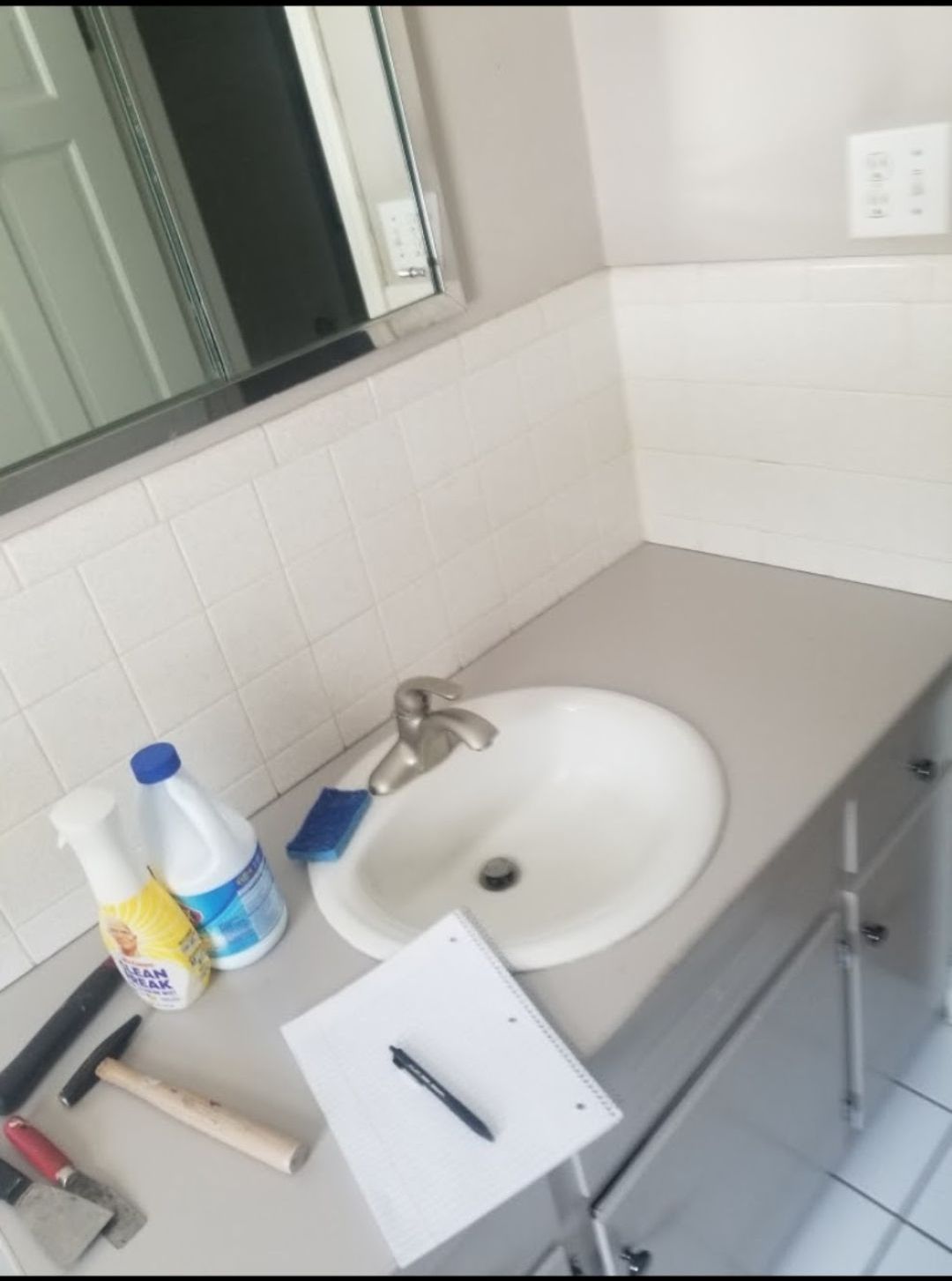 A bathroom counter with a sink and cleaning supplies