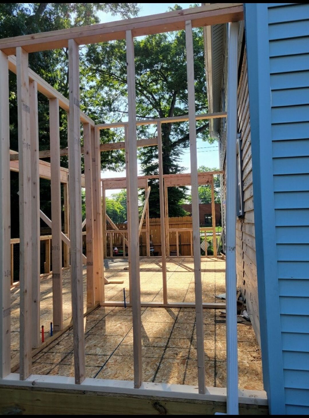 A house is being built with wooden beams and a blue siding.