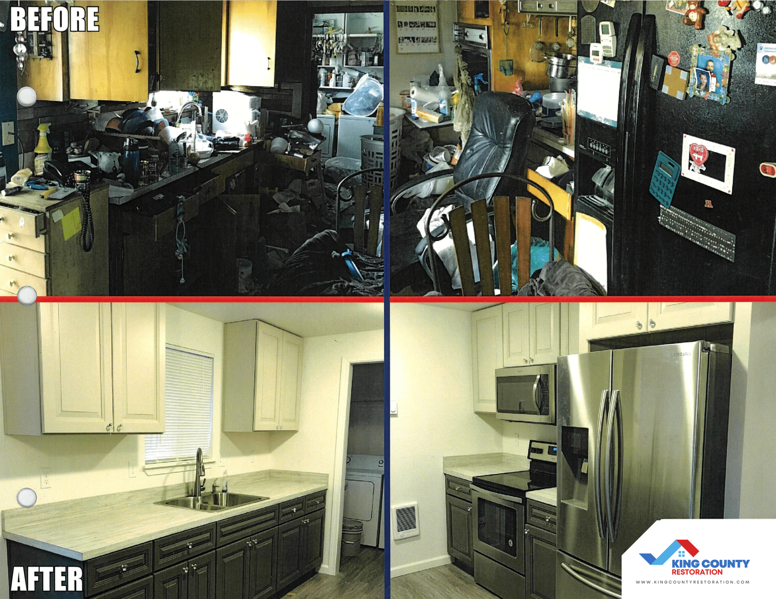 A before and after photo of a kitchen with stainless steel appliances