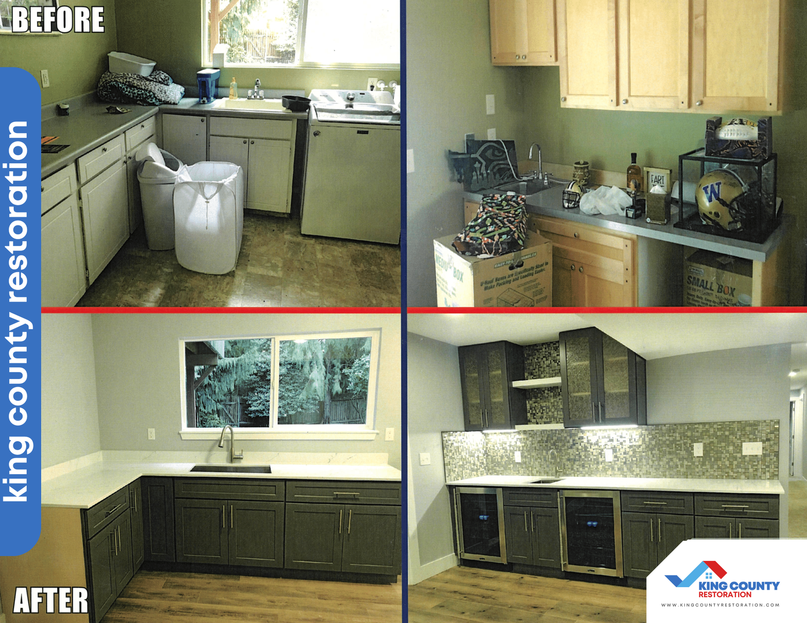 A before and after photo of a kitchen restoration in long county