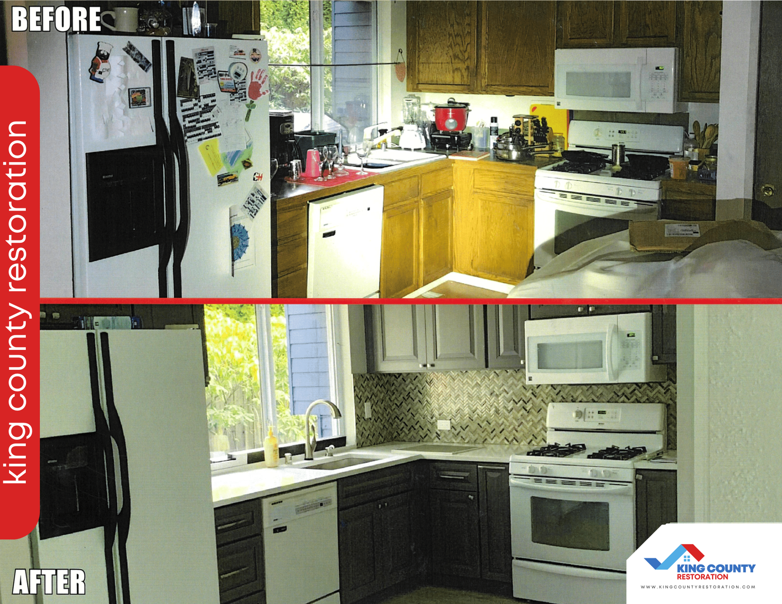 A before and after photo of a kitchen restoration