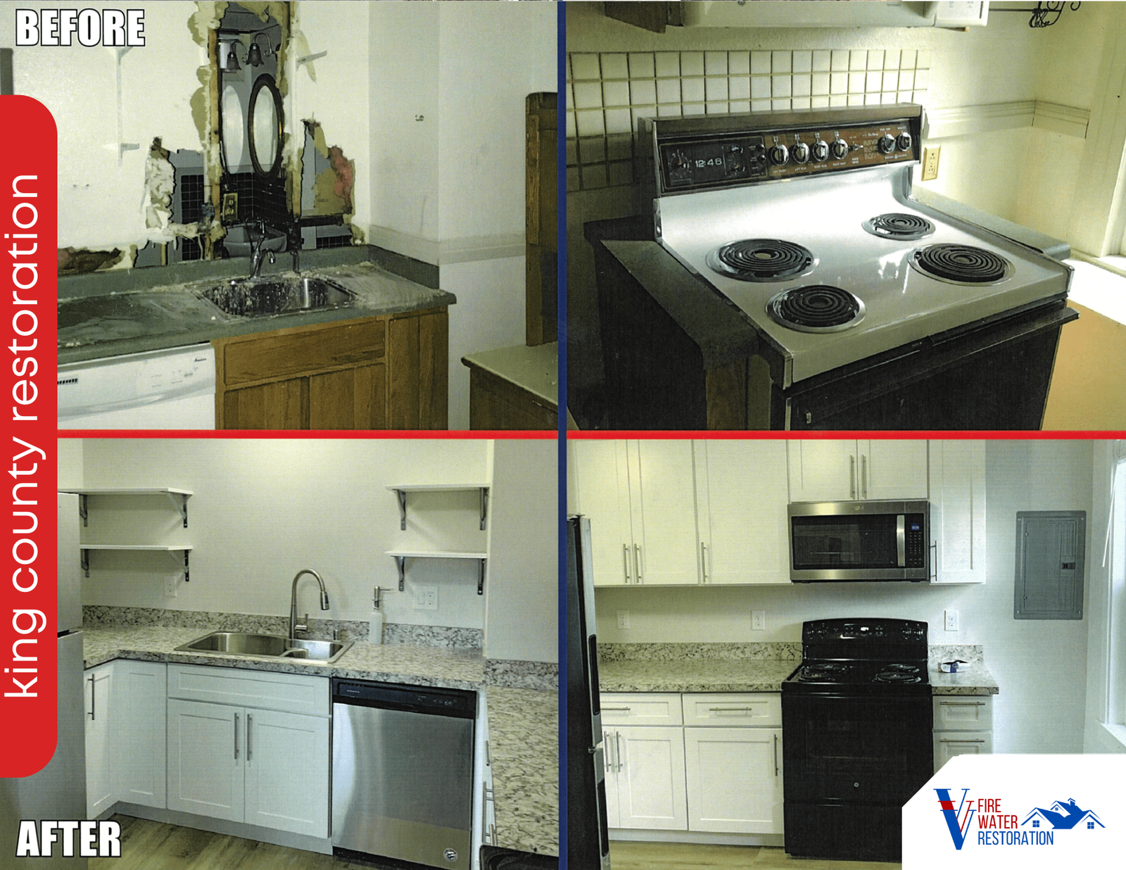 A before and after photo of a kitchen restoration