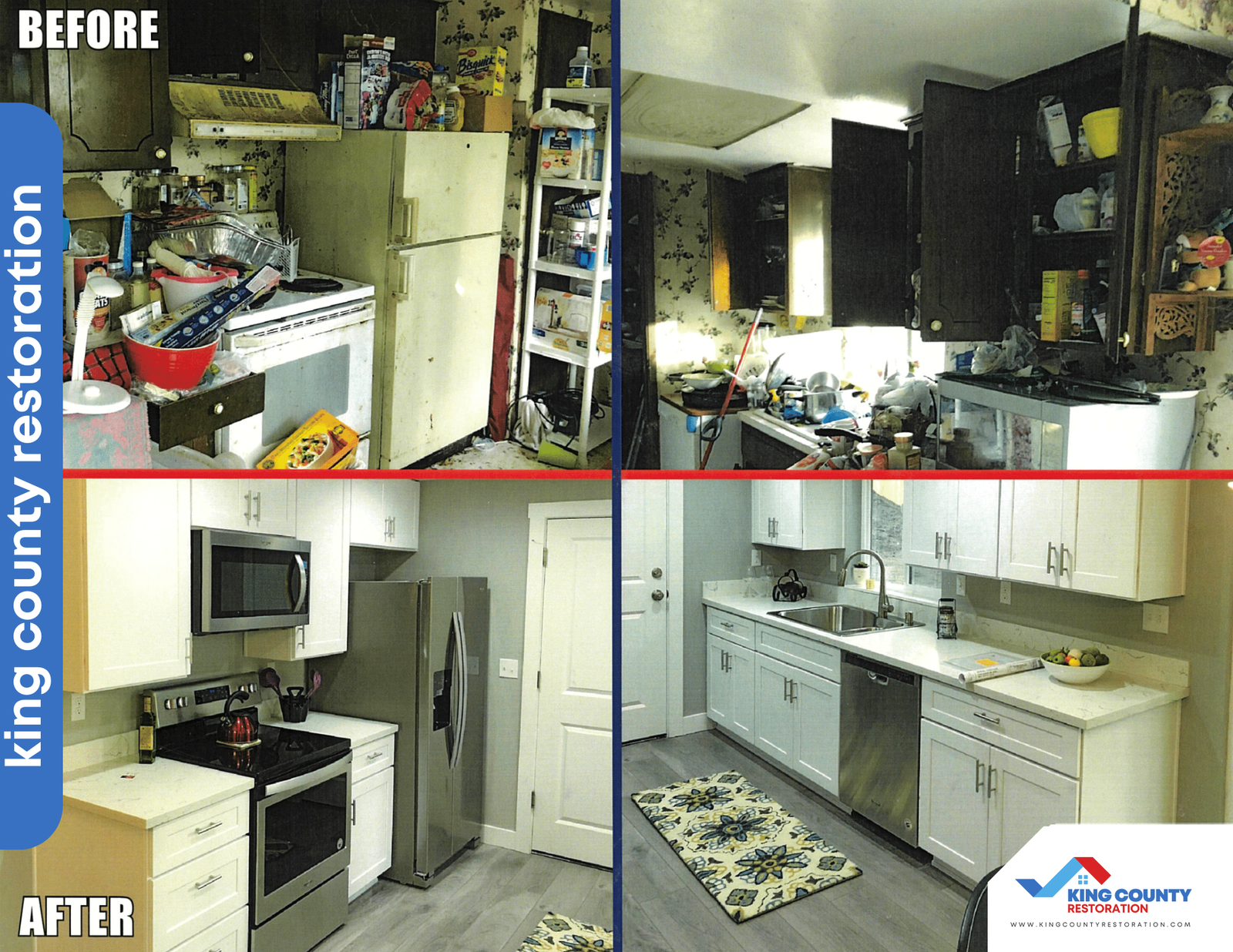 A before and after photo of a kitchen restoration