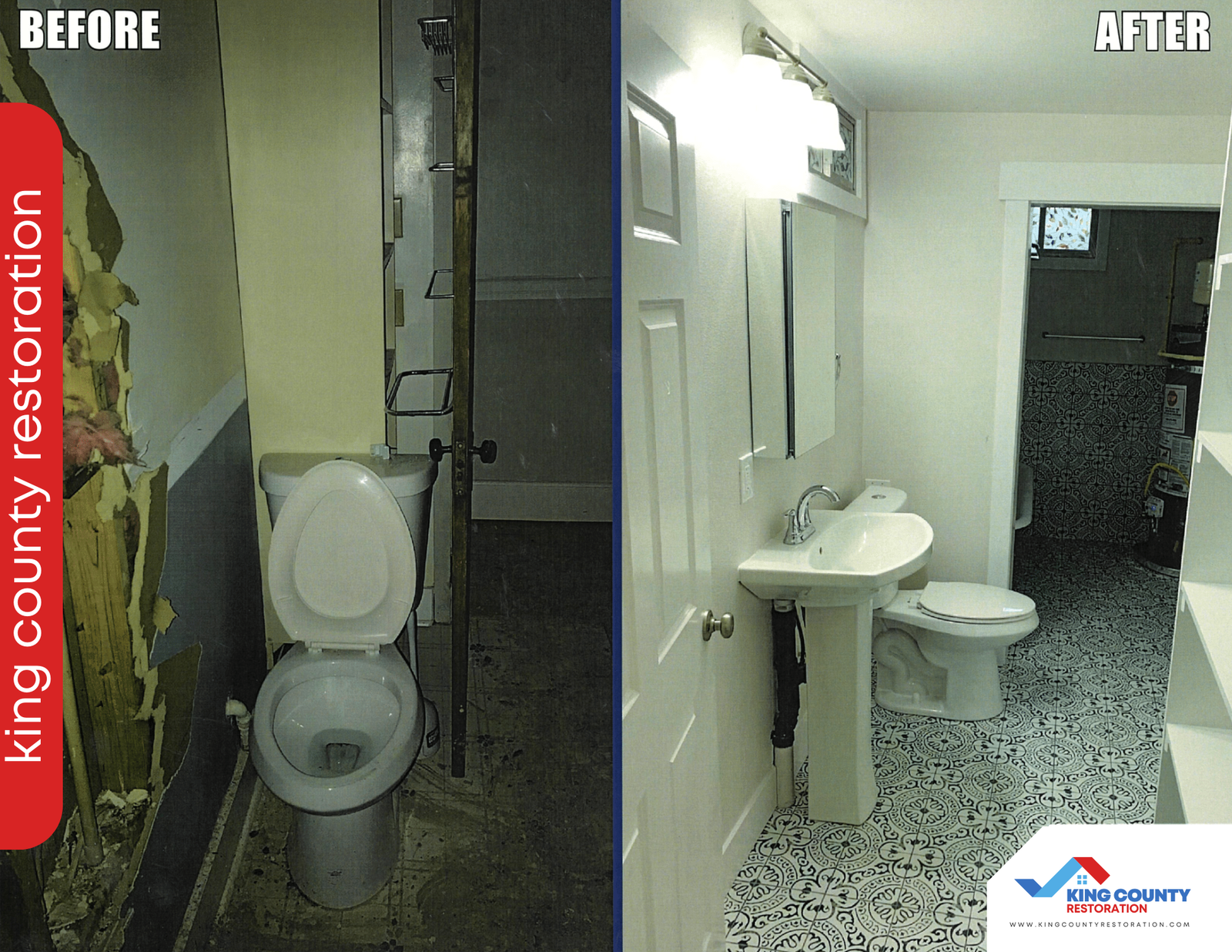 A before and after picture of a bathroom restoration