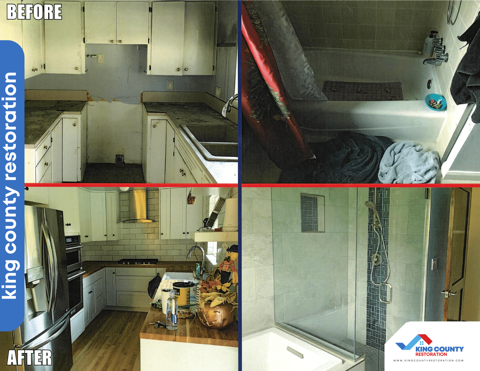 A before and after photo of a kitchen and bathroom