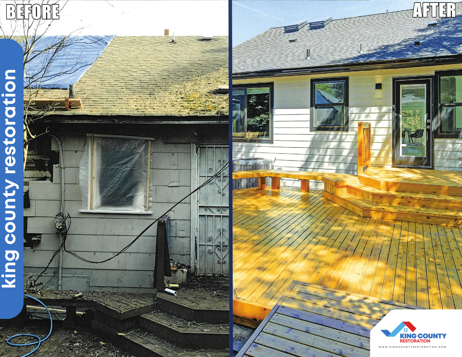 A before and after picture of a house with a wooden deck