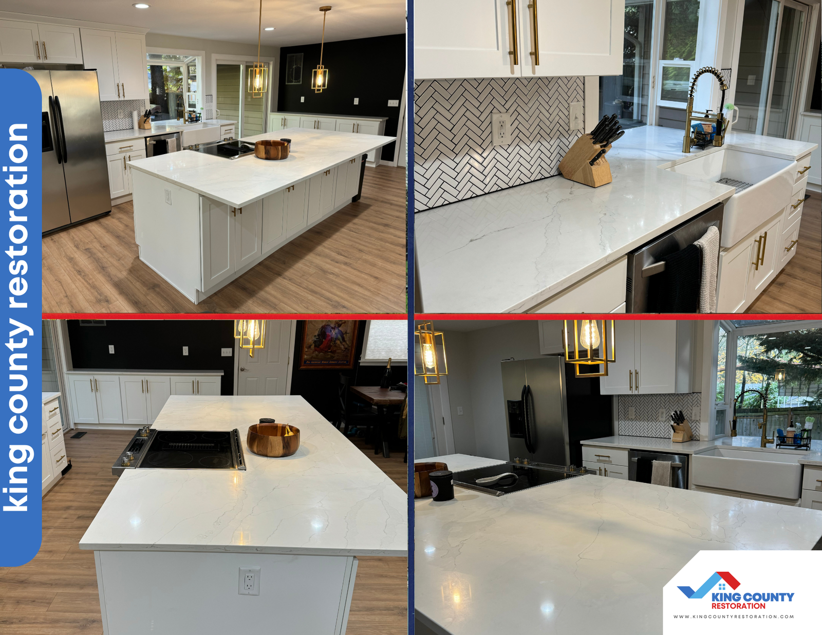 A collage of four pictures of a kitchen with white cabinets and white counter tops.