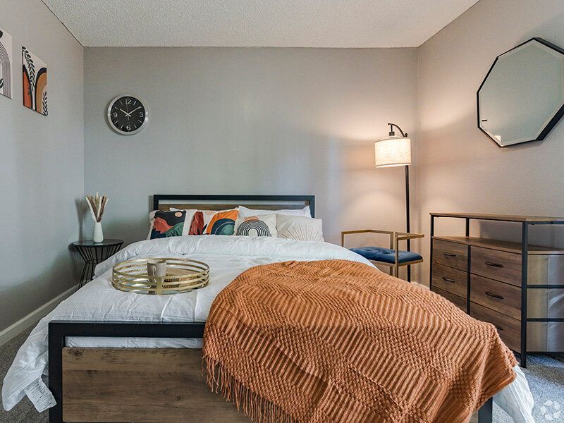 Bedroom in a modern apartment with a bed, dresser, and orange throw.