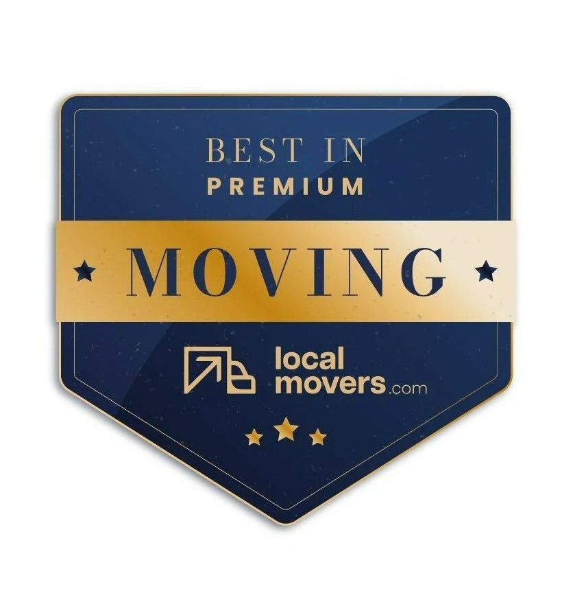 A blue and gold badge that says best in premium moving