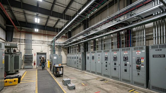 Auto shop with a silver car lifted on a hoist and mechanics working under bright industrial lights