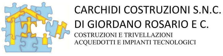 Logo di Carchidi Costruzioni in arancione, raffigurante una gru edile, una turbina eolica e pannelli solari.