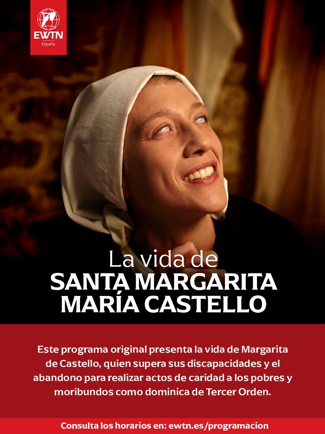 Promotional poster: Woman in white head covering, smiling. Title: