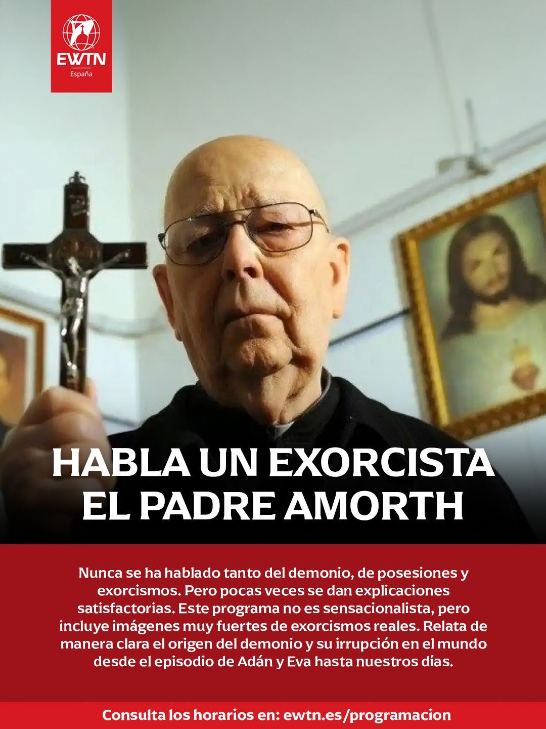 Persona con túnica blanca sosteniendo un bastón, caminando sobre una colina, con la palabra