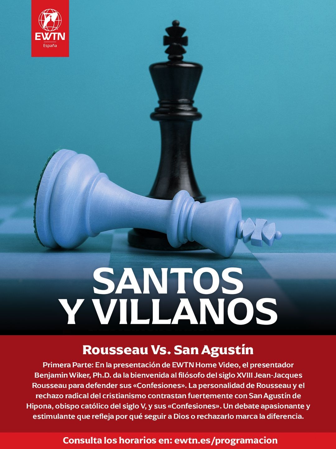 Póster con piezas de ajedrez: Rey negro de pie, rey blanco caído.