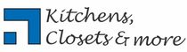 The logo for kitchens closets and more is blue and black.
