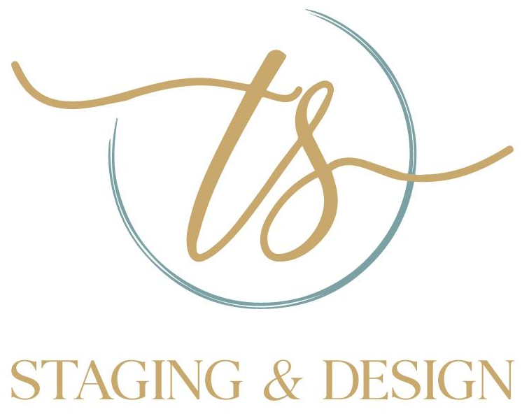 Gold and teal “ts” logo with the words “STAGING & DESIGN” underneath