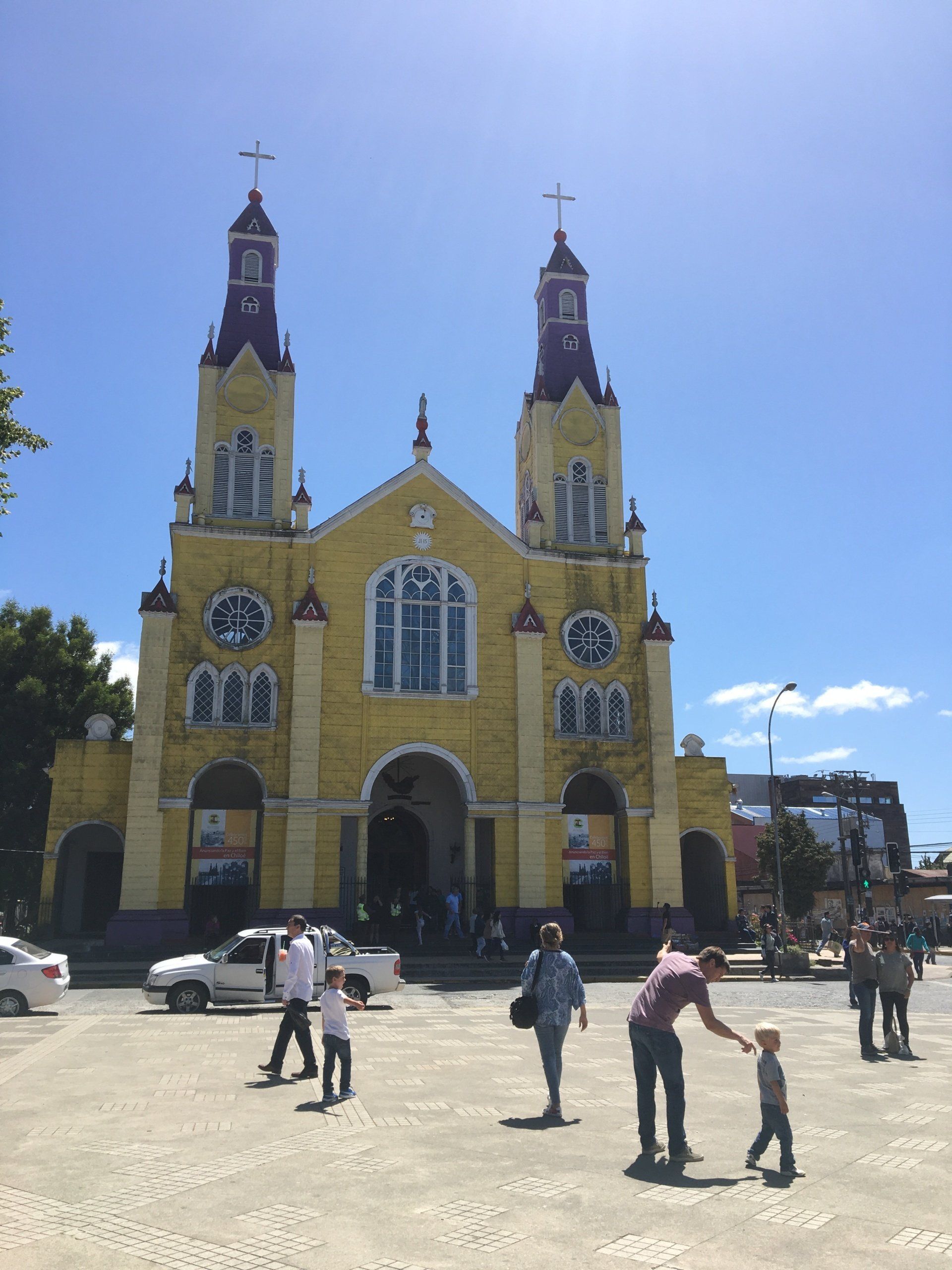 Yellow church in the center of Castro, Chile.