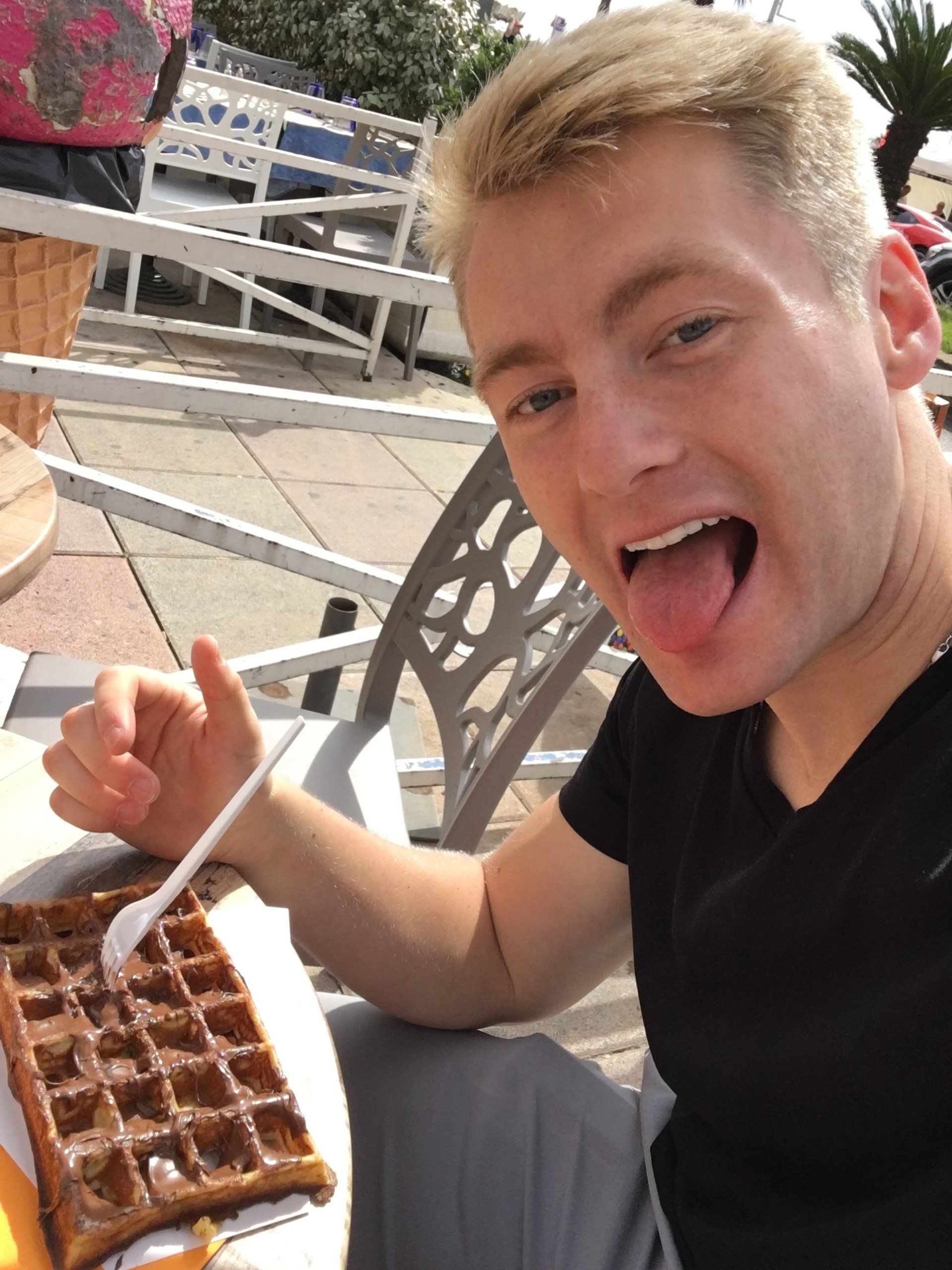 Xander Clemens having waffles with Nutella in Bandal, France