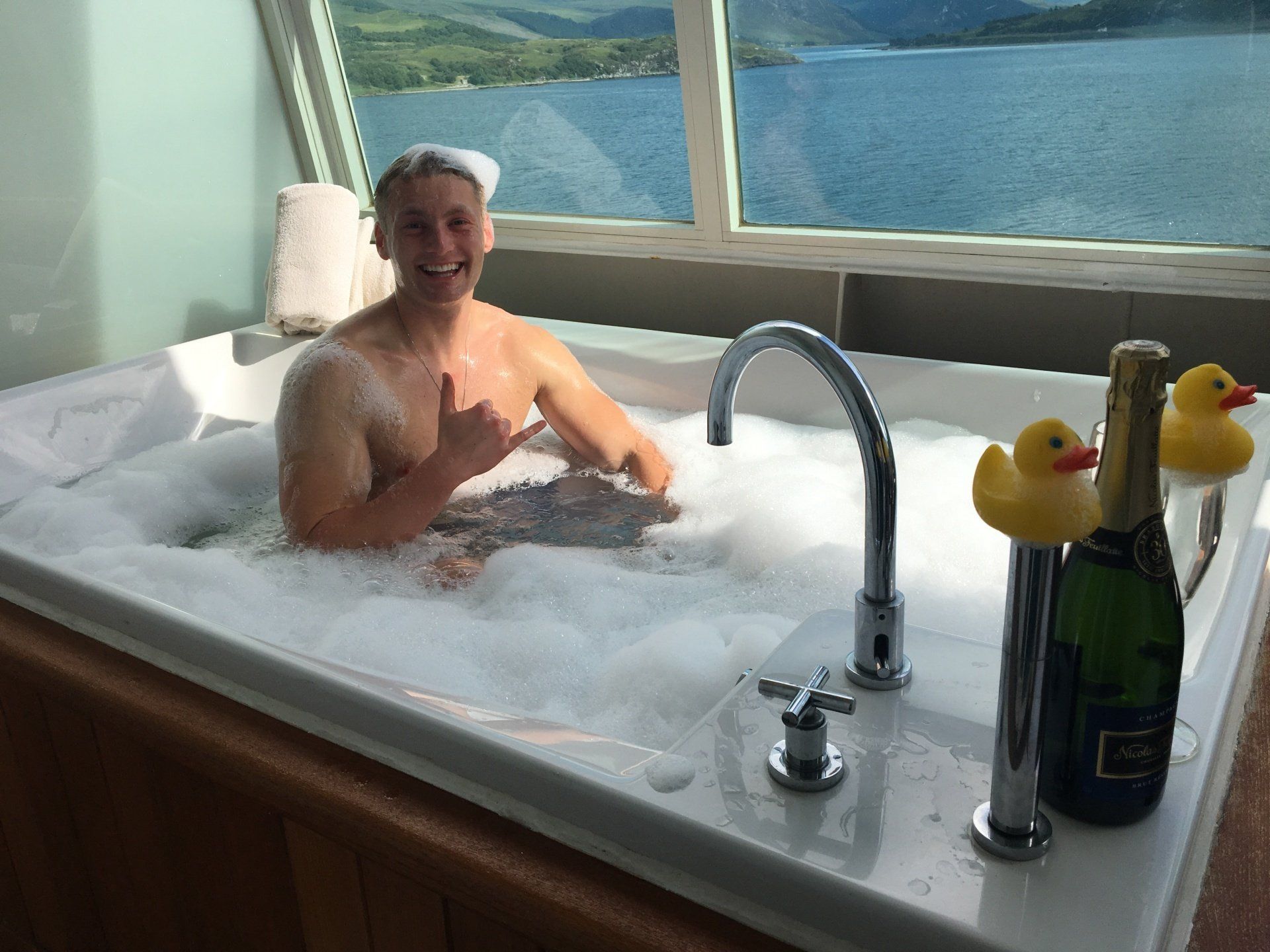 Xander Clemens on the Seabourn Questin the jacuzzi.