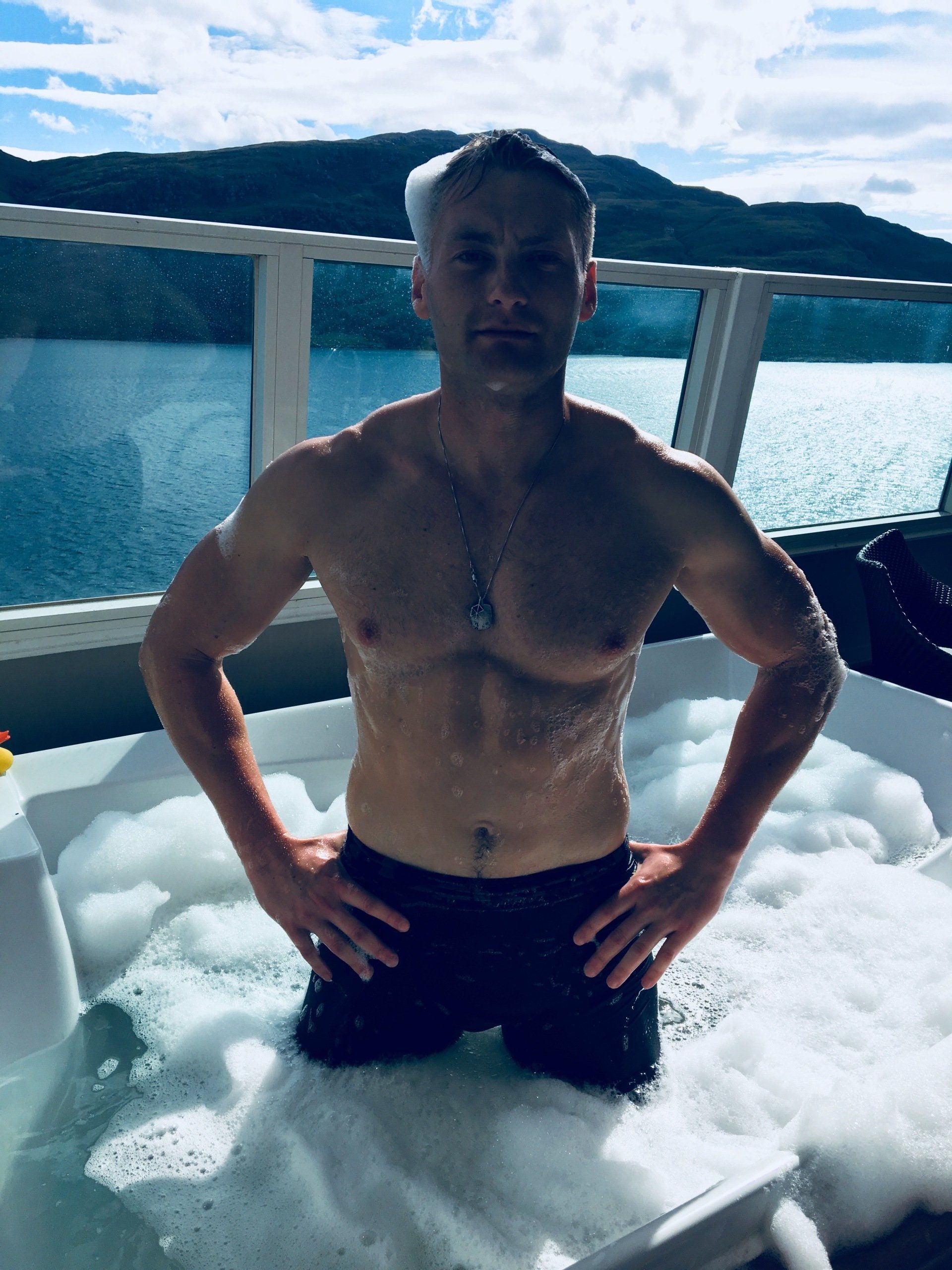 Xander Clemens on the Seabourn Questin the jacuzzi.