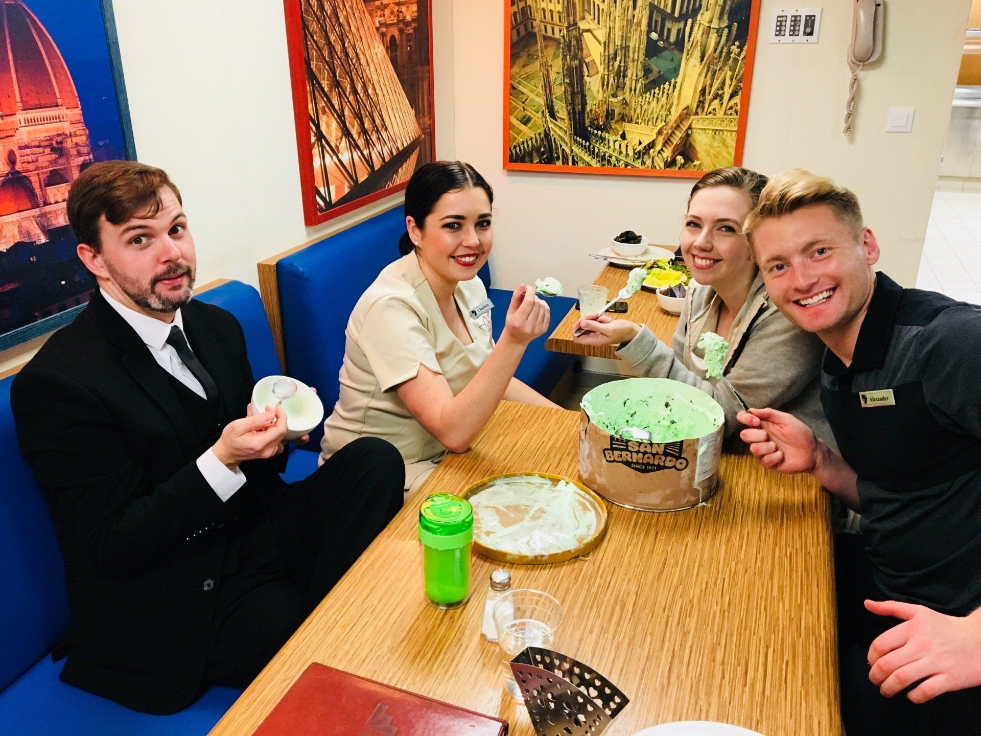 Xander Clemens in the crew mess of the Seabourn Quest with Charlotte Haslett and Kelly Morris.