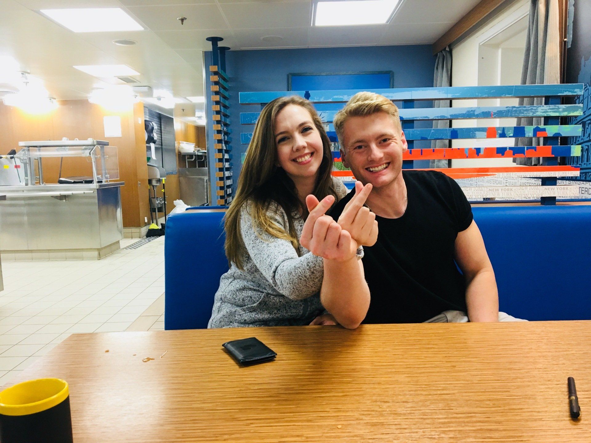Xander Clemens in the crew mess of the Seabourn Quest with Kelly Morris.