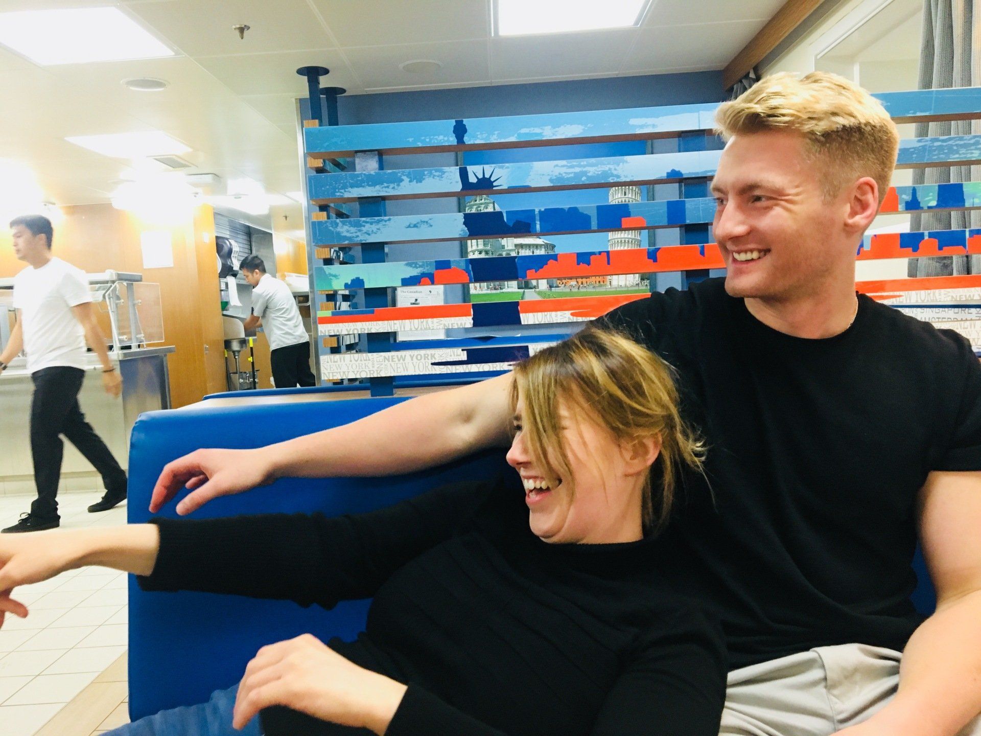 Xander Clemens in the crew mess of the Seabourn Quest with Gill Grier.