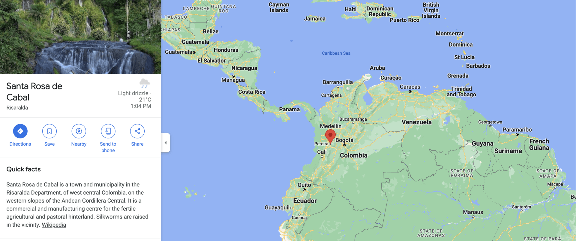 Map of Colombia and where Santa Rosa de Cabal is located on the map.