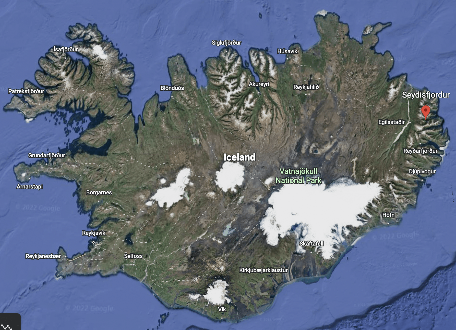 Map of Iceland showing Seyðisfjörður, Iceland