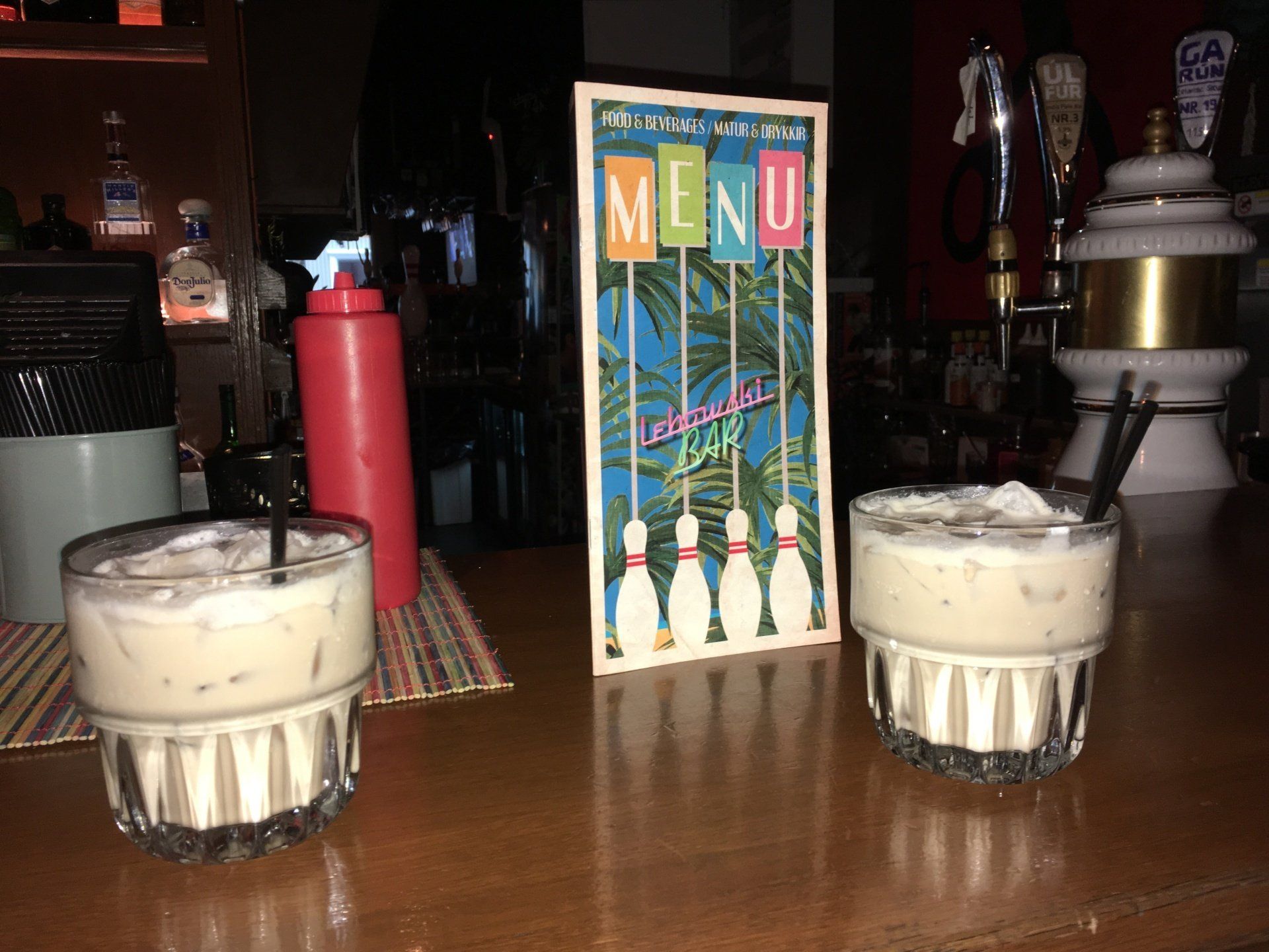 Our Two White Russians at the Lebowski Bar in Reykjavik, Iceland