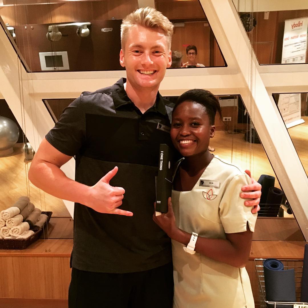 Xander Clemens with Iris Mhlanga on the Seabourn Quest in 2018