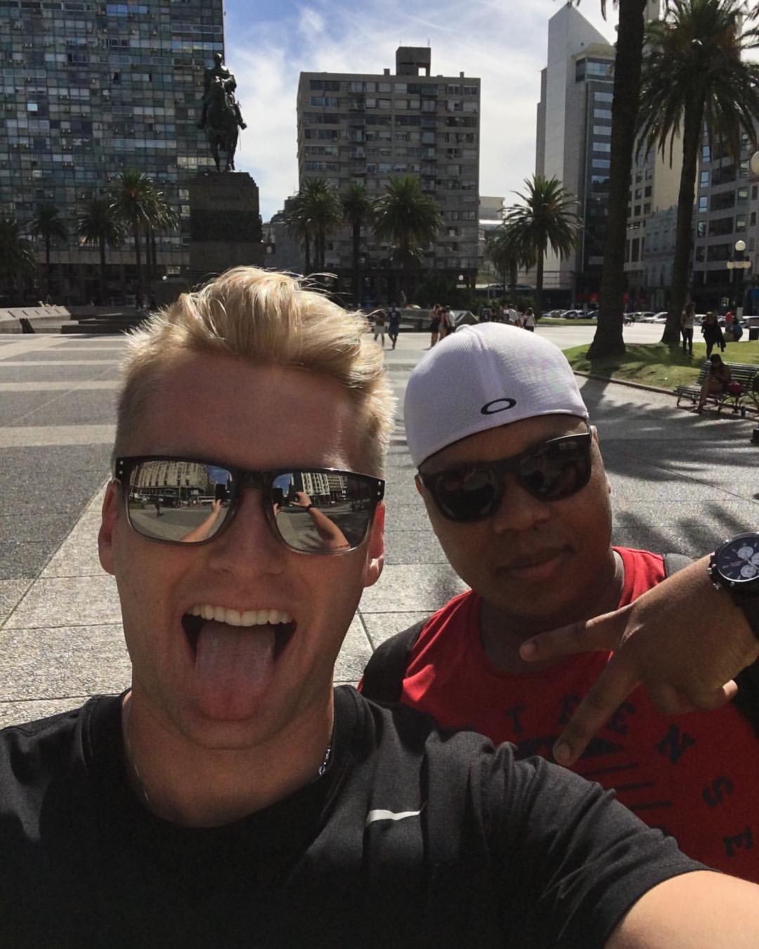 Xander Clemens and Lennin Chaps at Artigas Mausoleum in Montevideo, Uruguay